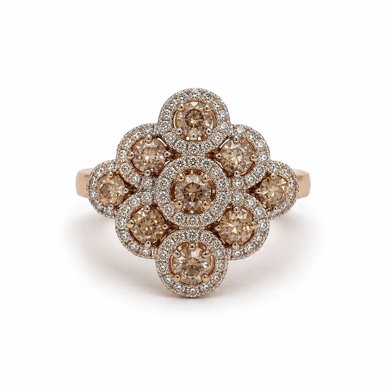 10K Rose Gold White & Champagne Diamond Cluster Ring – 0.70 CTW Natural Diamonds