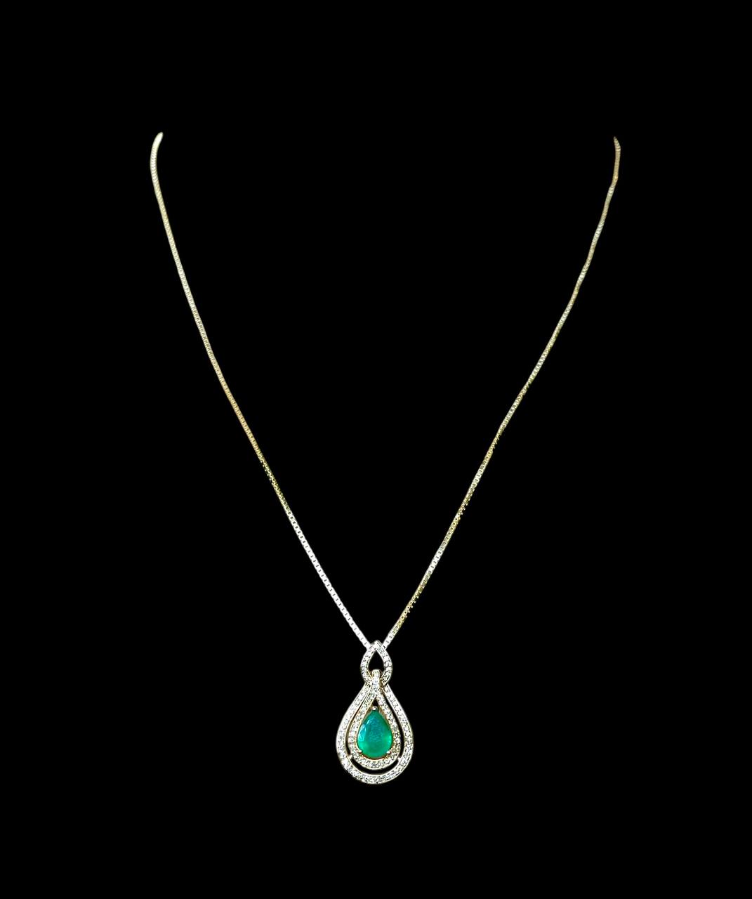 14k Yellow Gold 1.25 TCW Diamond & Emerald Pear Shape Pendant & Chain Necklace