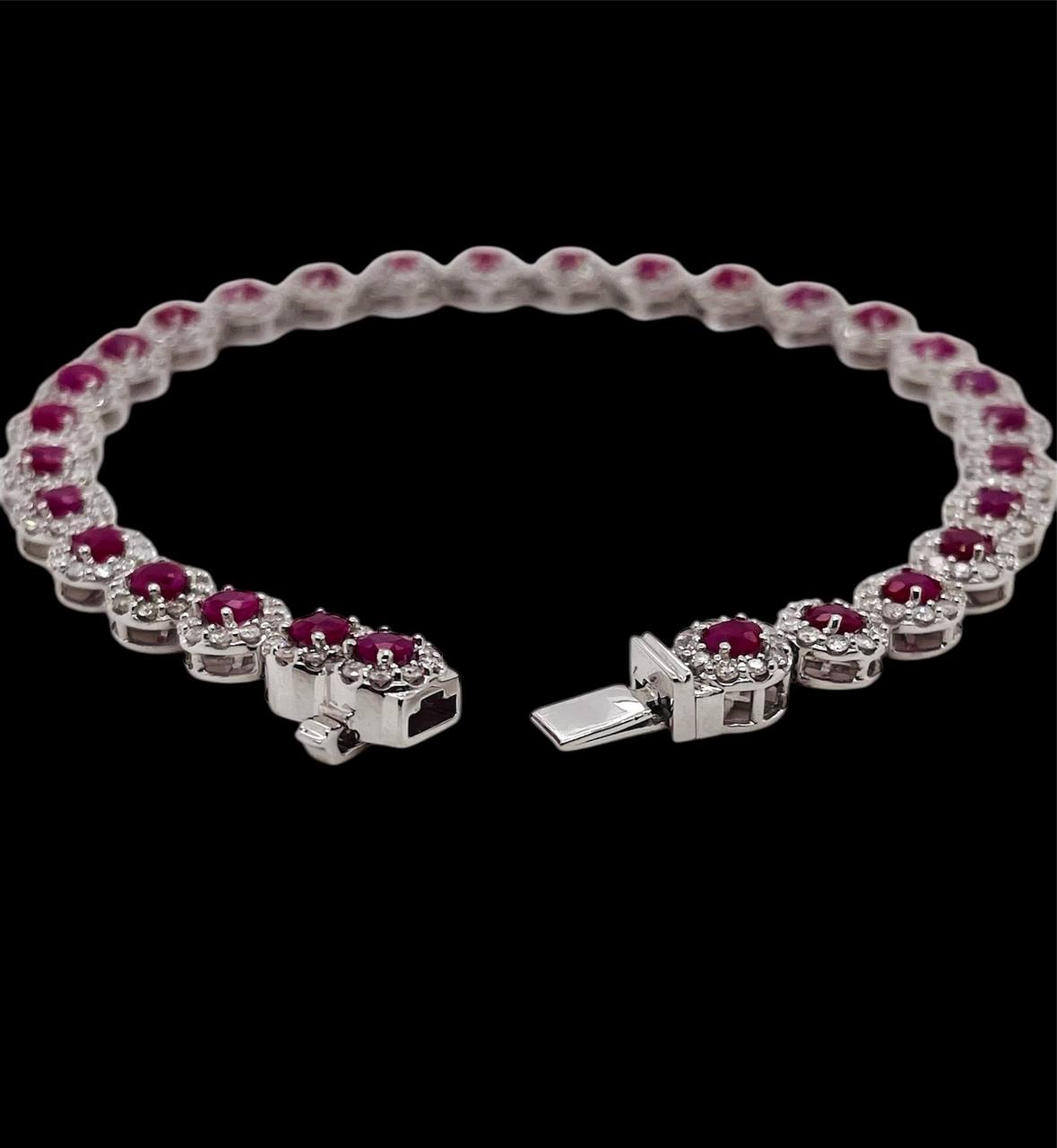 14K White Gold Natural Diamond and Ruby Cluster Tennis Bracelet 14.6 Grams 7.5"