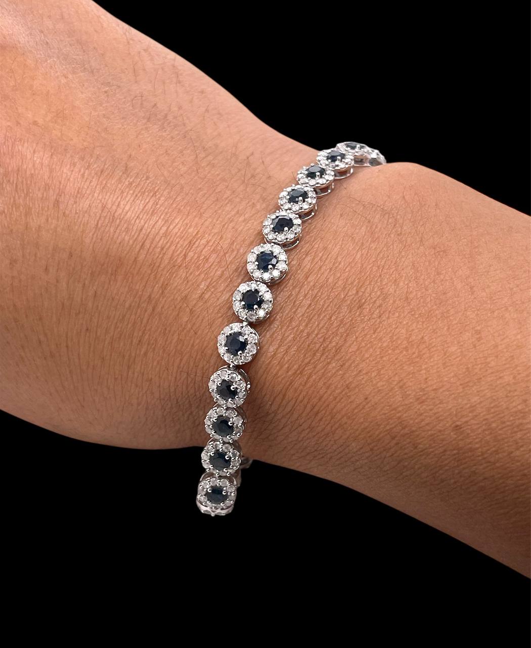 14K White Gold Natural Diamond and Sapphire Cluster Tennis Bracelet 7.5"