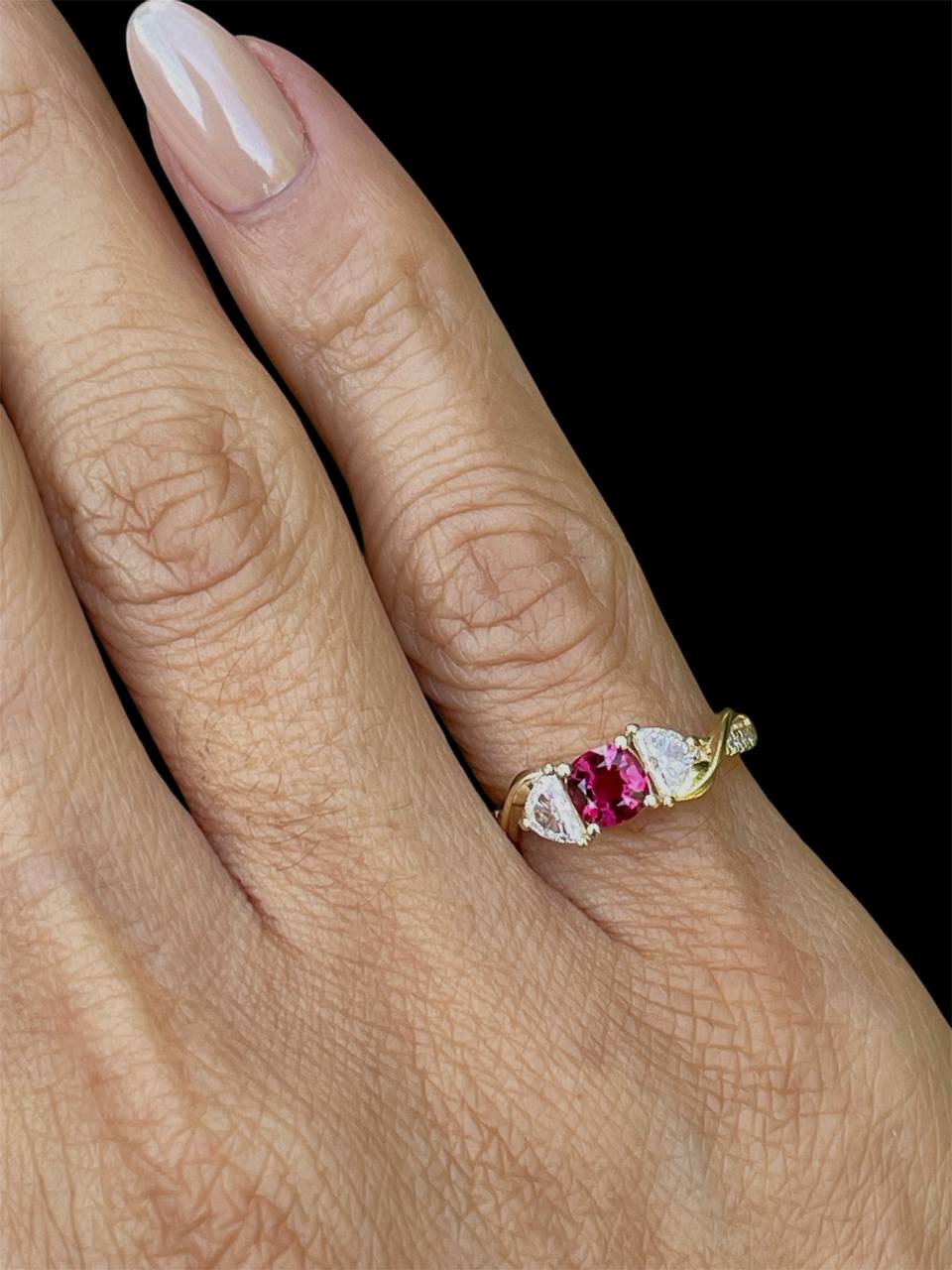 14K Solid Yellow Gold Natural Half Moon Diamond and Ruby Ring