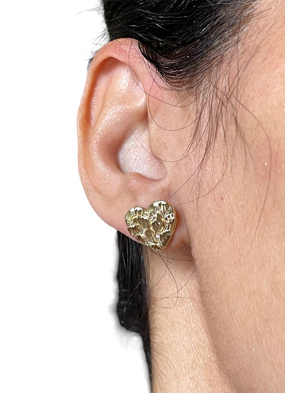 14k Solid Yellow Gold Diamond Cut Nugget Heart Stud Earrings Push Back 14 MM