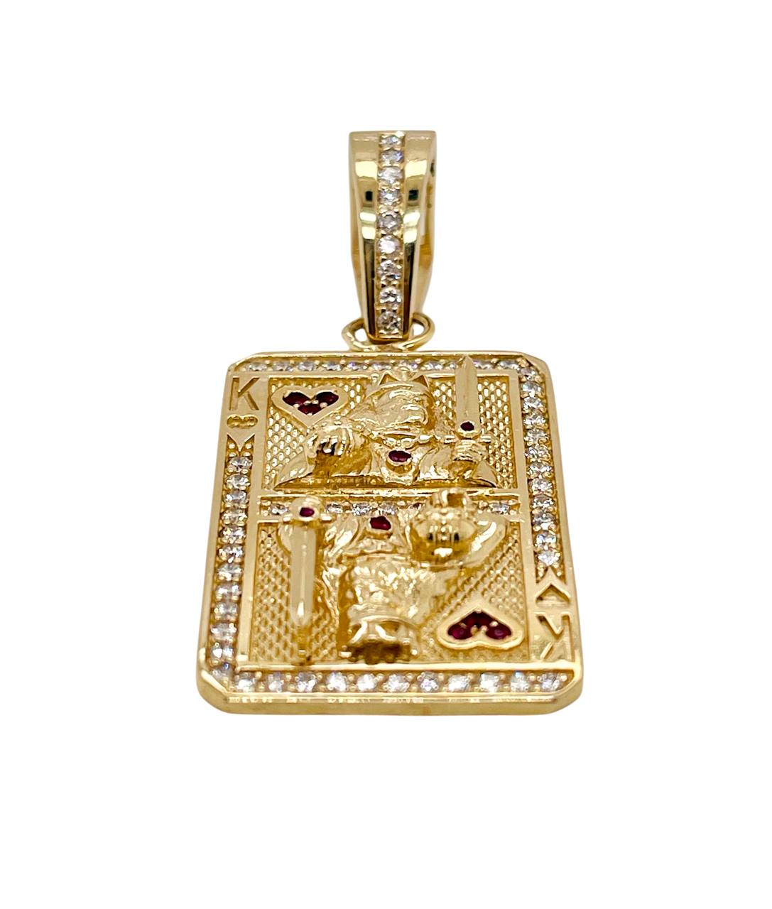 14K Solid Yellow Gold 1.58 Ct Diamond & Ruby King of Heart Playing Card Pendant