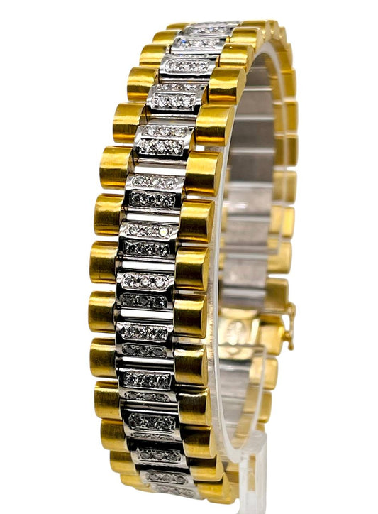 87.4 Gr 18K Solid Two Tone Gold Jubilee Link Men's Bracelet 3 Ct Natural Diamond 8 inches