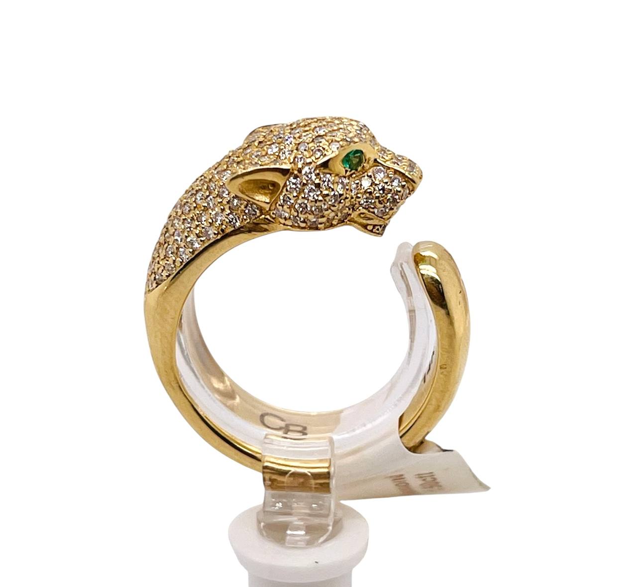 14k Solid Gold 1.5 ct Natural Diamond Panther Leopard Ring Emerald Eyes