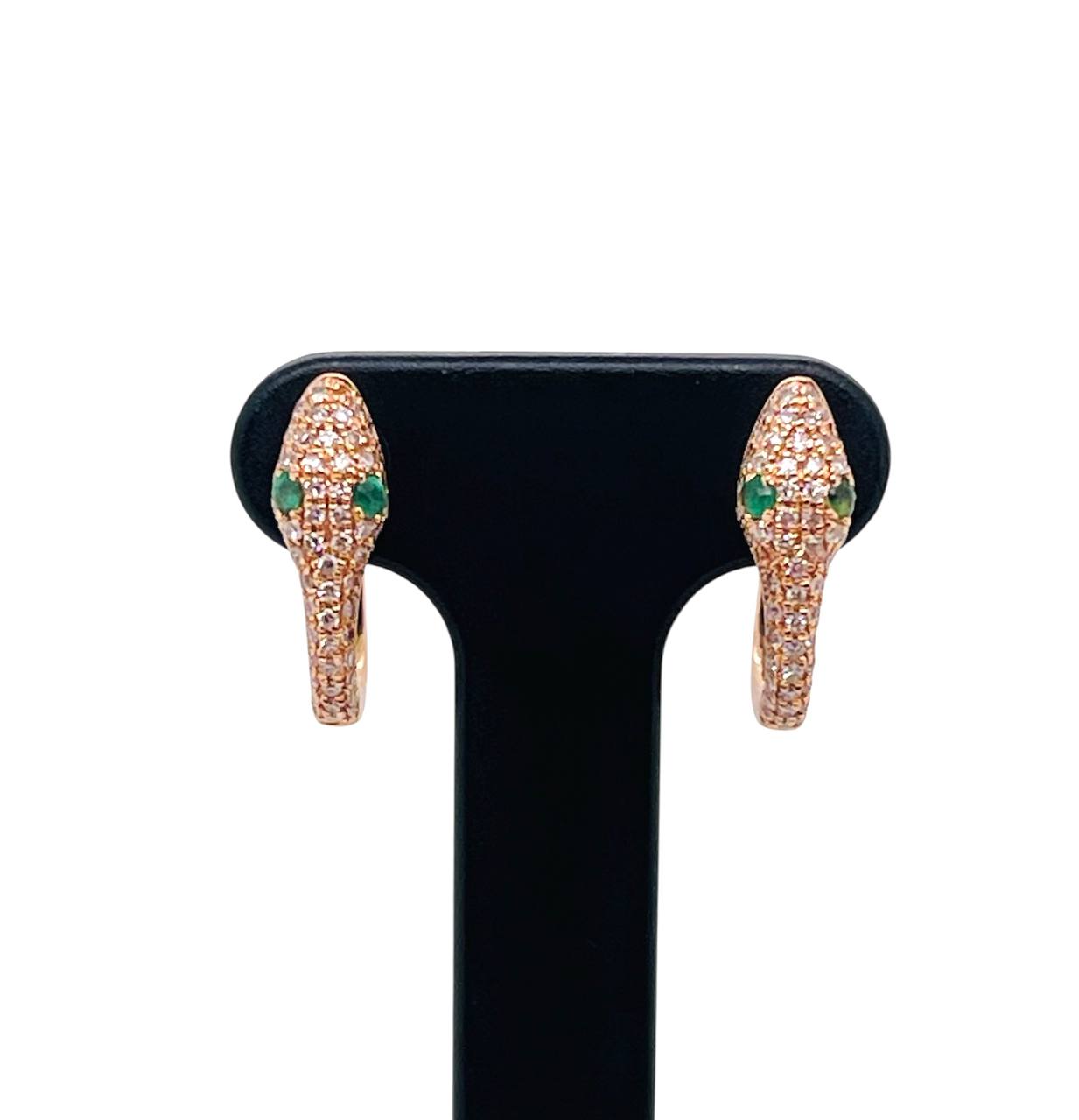 14k Rose Gold Natural Diamond And Emerald Snake Huggie Earrings