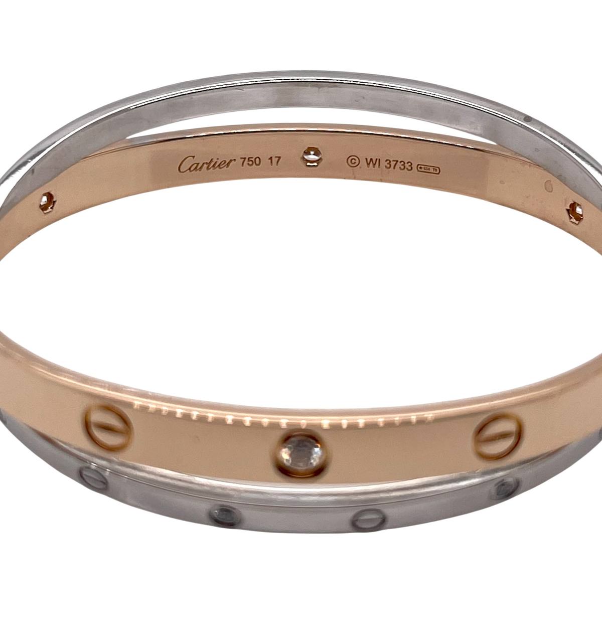 Cartier Double Love Bracelet 12 Diamonds 18k Rose White Gold Size 17