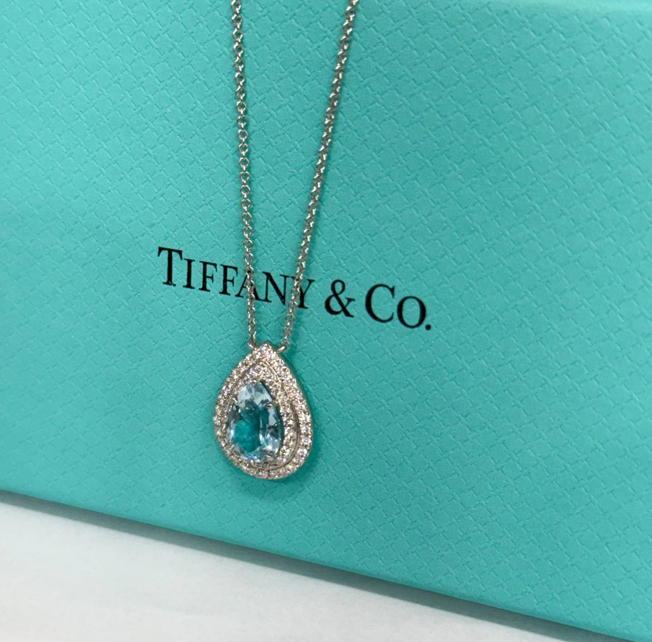 Authentic Tiffany and Co. Soleste Pendant Necklace 950 Platinum Pear Aquamarine & Diamond Double Halo