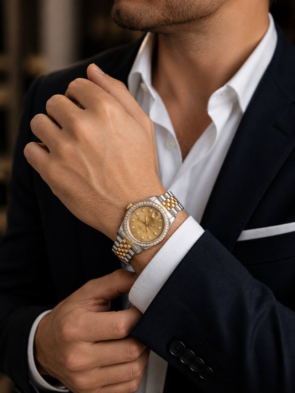 Rolex Datejust 16233 36mm Two Tone Automatic Watch Champagne Diamond Dial Diamond Bezel