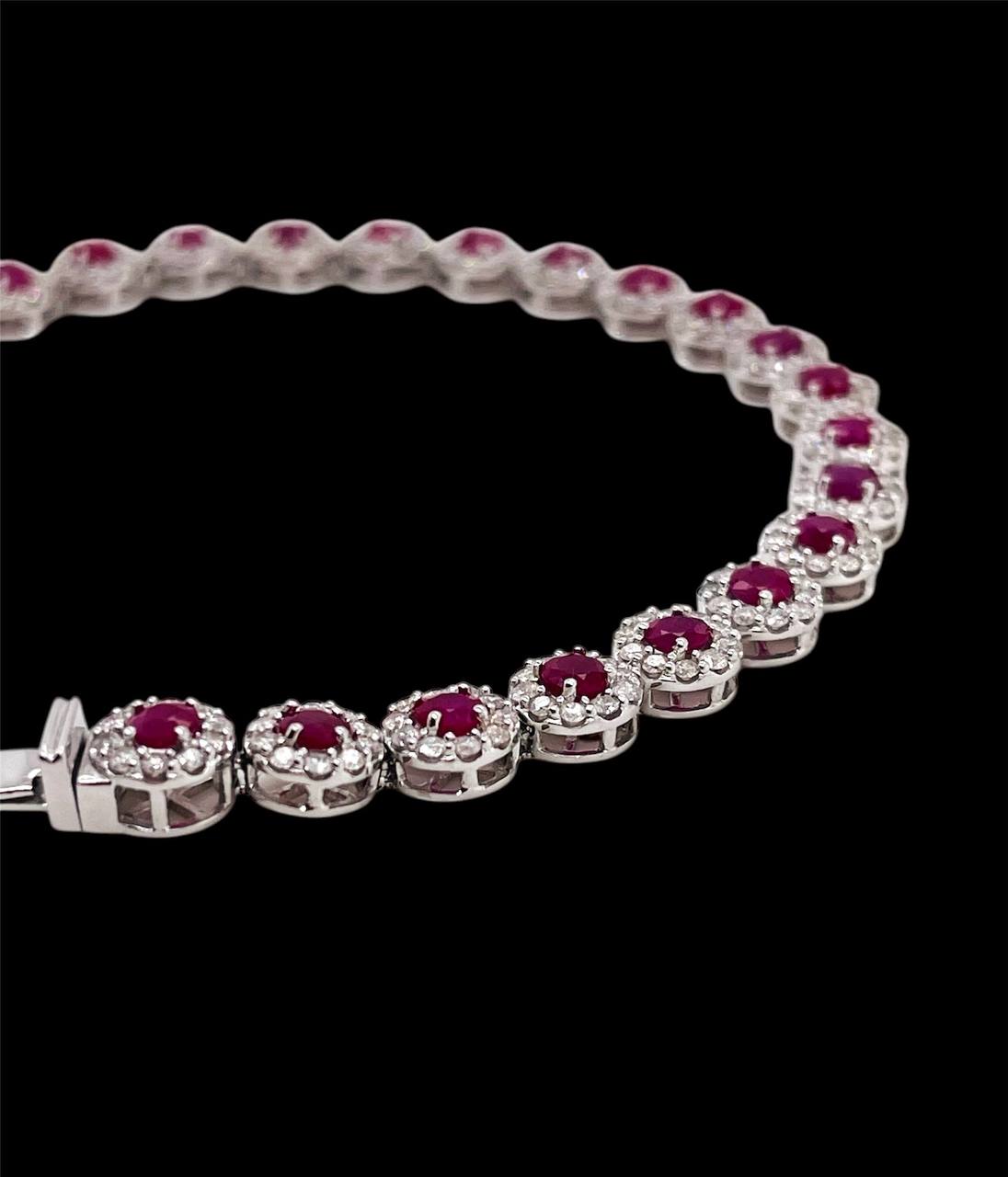 14K White Gold Natural Diamond and Ruby Cluster Tennis Bracelet 14.6 Grams 7.5"