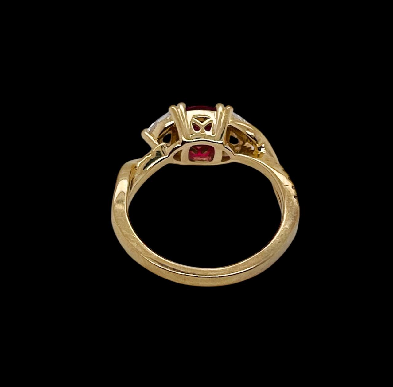 14K Solid Yellow Gold Natural Half Moon Diamond and Ruby Ring