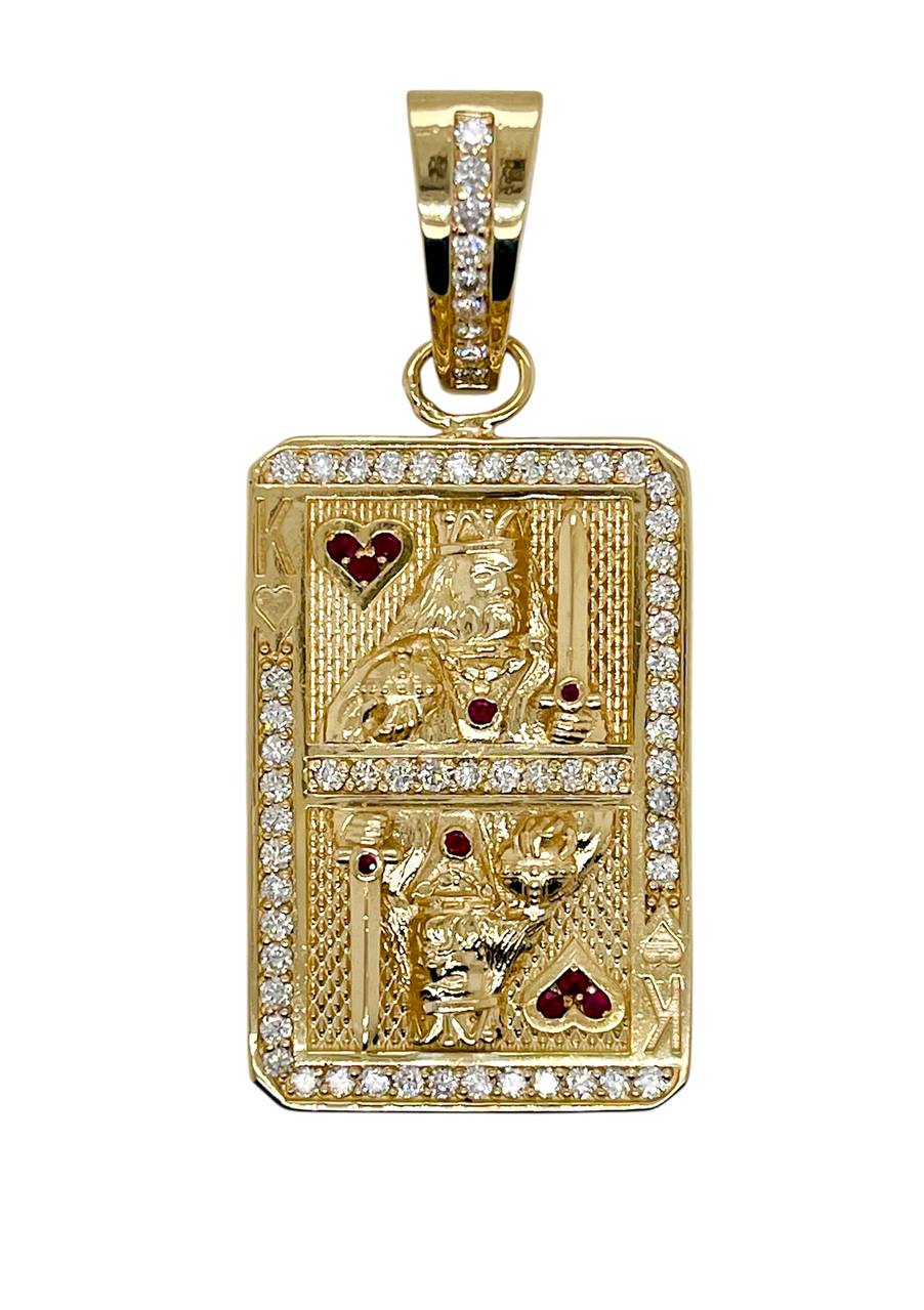 14K Solid Yellow Gold 1.58 Ct Diamond & Ruby King of Heart Playing Card Pendant