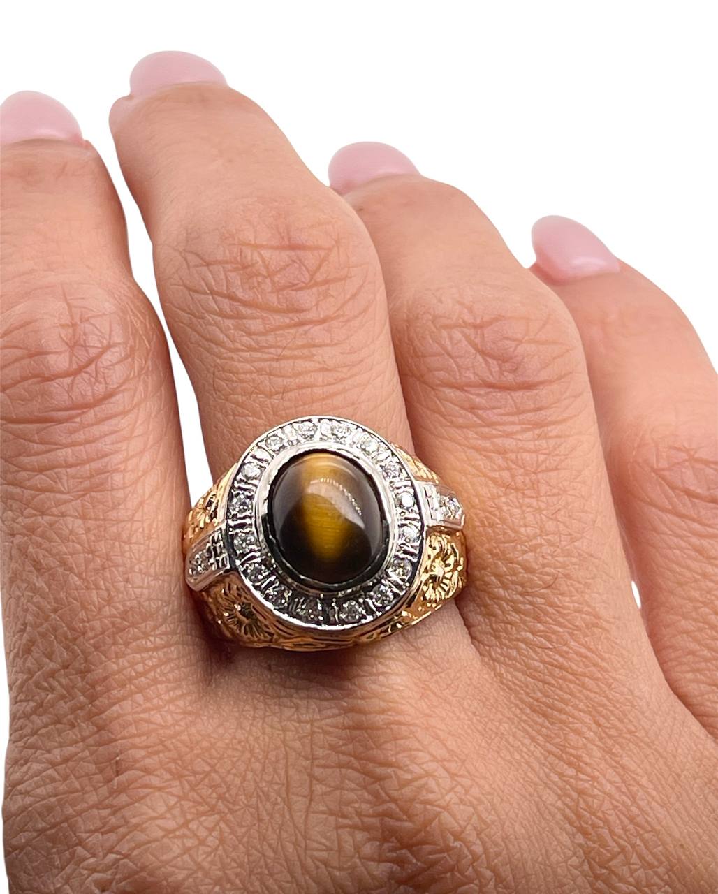 Vintage 14K Solid Yellow Gold Natural Diamond Tiger's Eye Mens Ring 16.3 Grams Size 10