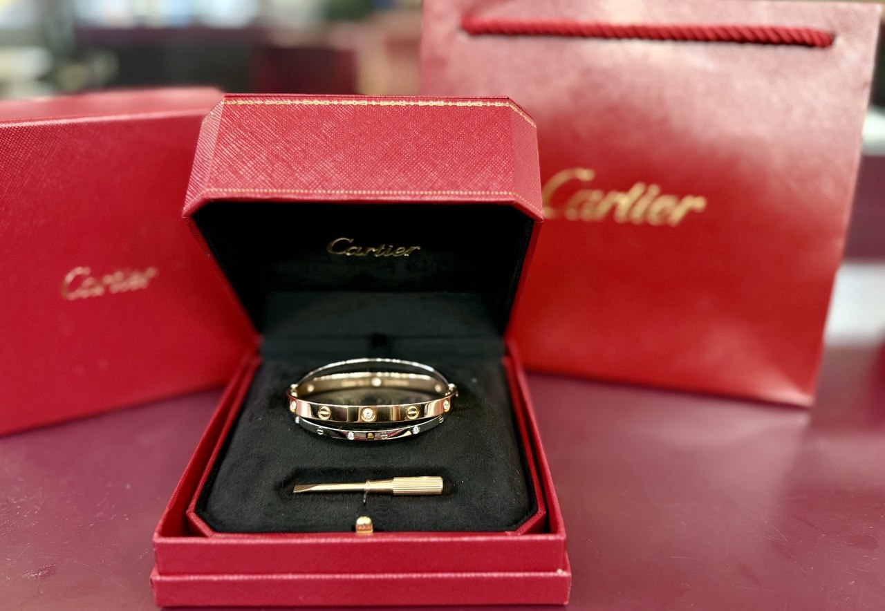 Cartier Double Love Bracelet 12 Diamonds 18k Rose White Gold Size 17