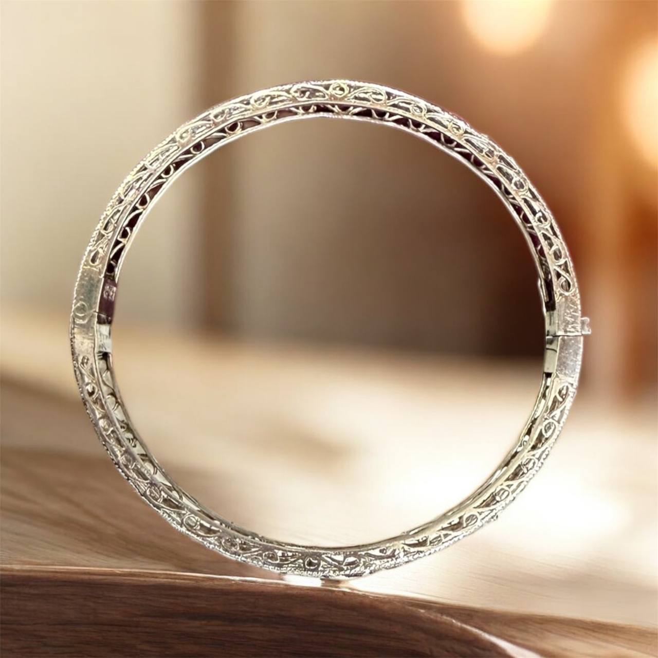 Vintage Art Deco Platinum Filigree Bangle Bracelet | Antique Style Jewelry Gift for Her