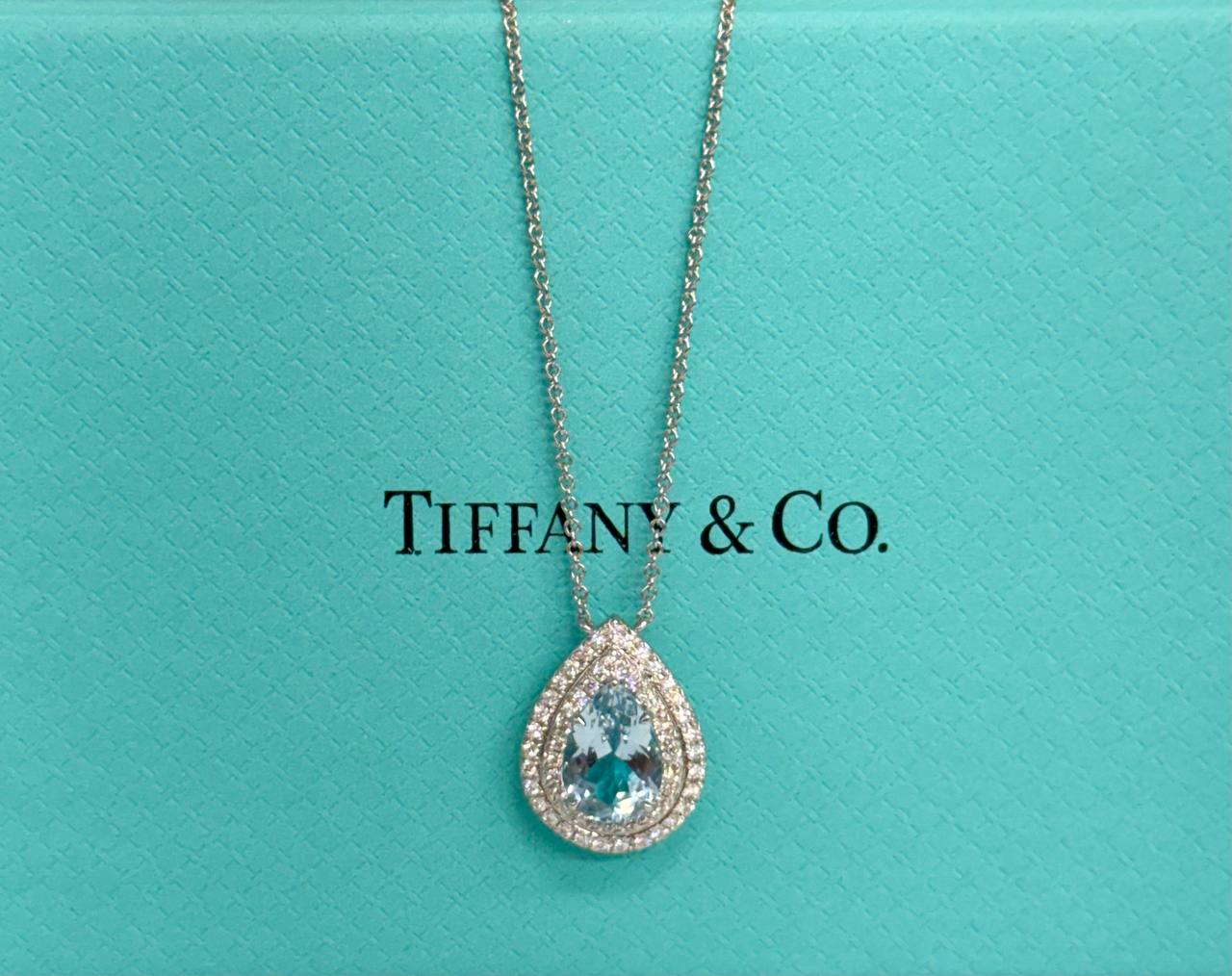 Authentic Tiffany and Co. Soleste Pendant Necklace 950 Platinum Pear Aquamarine & Diamond Double Halo