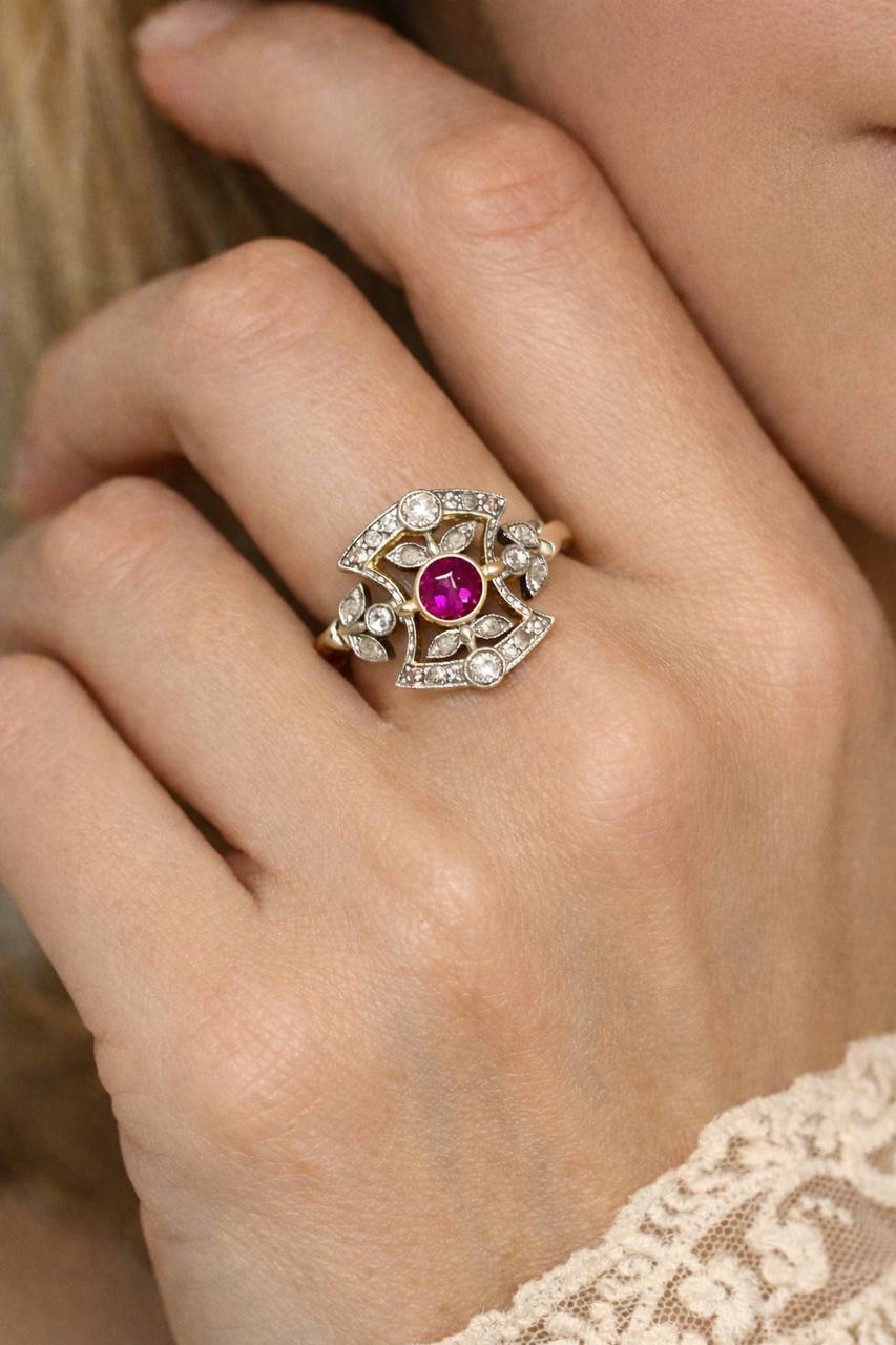 Antique Victorian Ruby & Diamond Ring in 18K Gold and Platinum, French Hallmarked Circa 1880