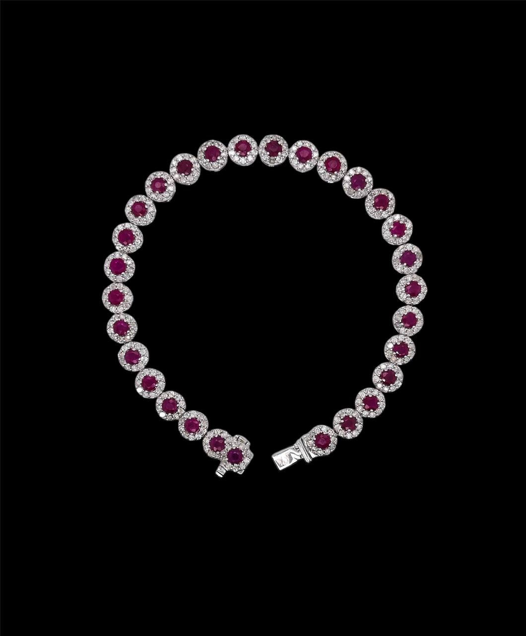 14K White Gold Natural Diamond and Ruby Cluster Tennis Bracelet 14.6 Grams 7.5"