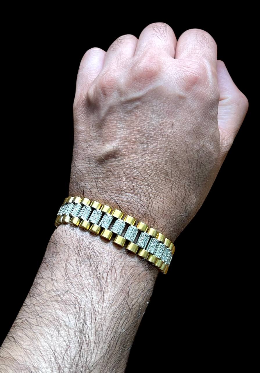 87.4 Gr 18K Solid Two Tone Gold Jubilee Link Men's Bracelet 3 Ct Natural Diamond 8 inches