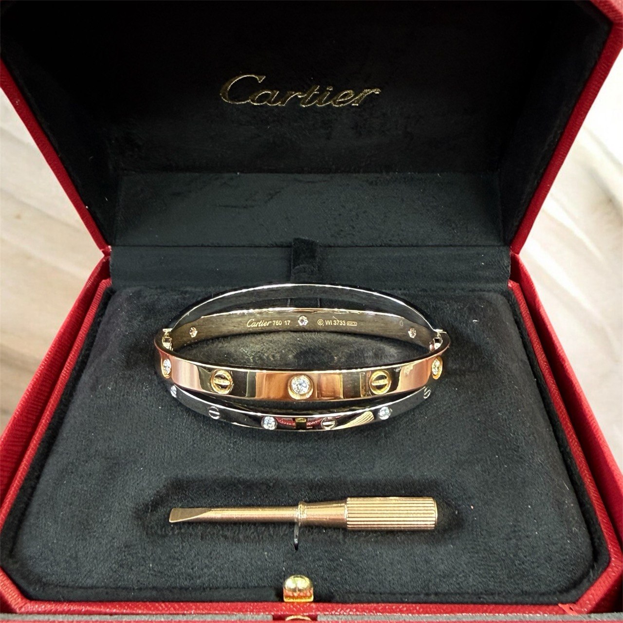 Cartier Double Love Bracelet 12 Diamonds 18k Rose White Gold Size 17