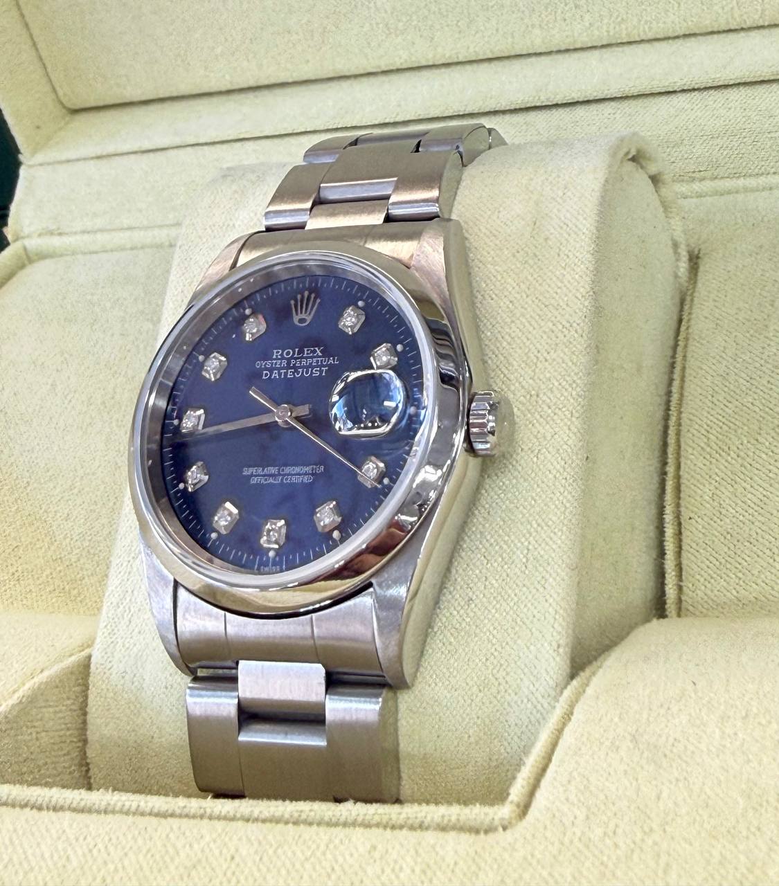 Rolex Datejust 16200 Blue Diamond Dial 36mm Steel Quickset Watch Oyster Band