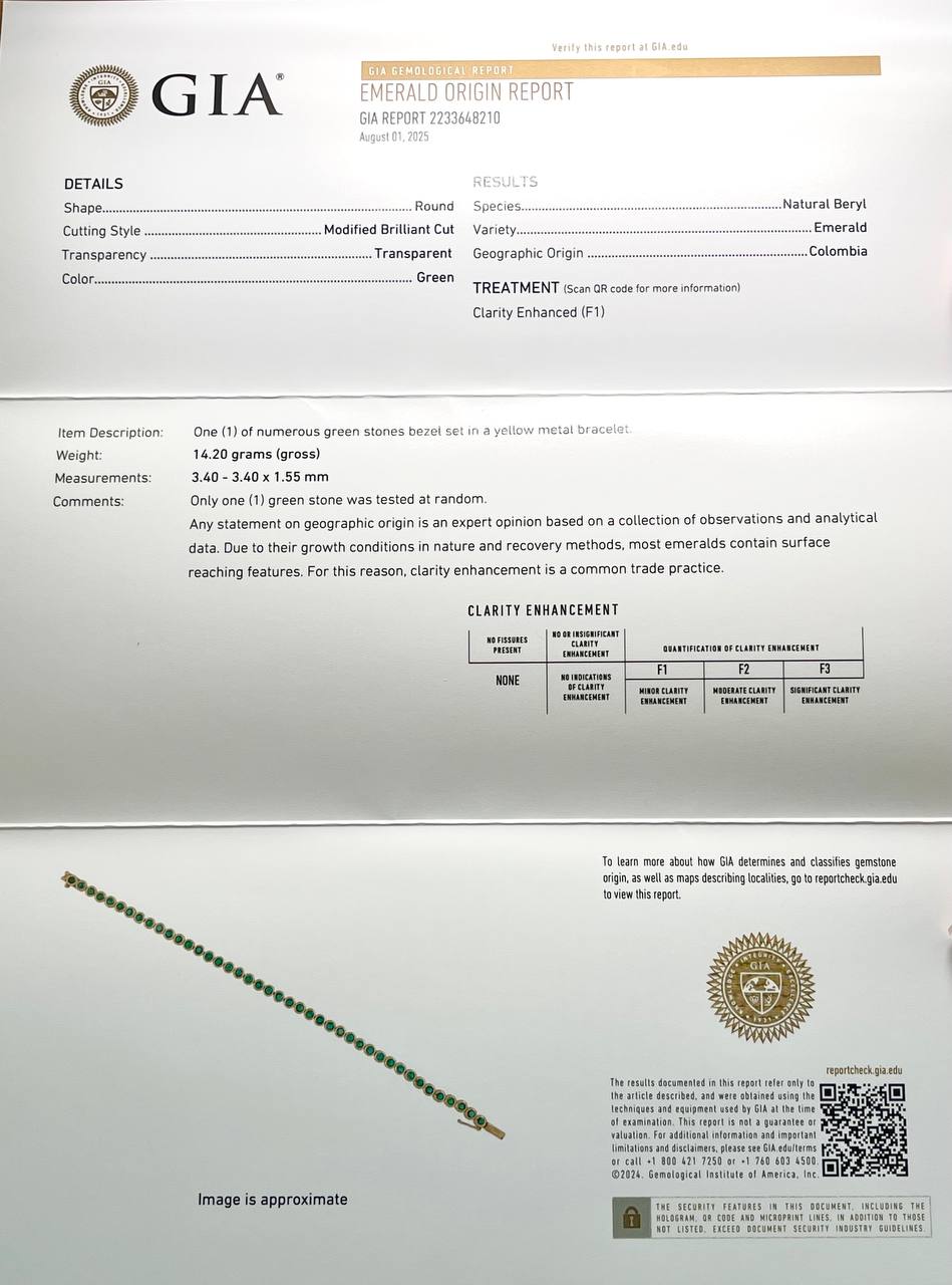GIA Certified Natural Colombian Emerald 18k Gold Bezel Set Tennis Bracelet