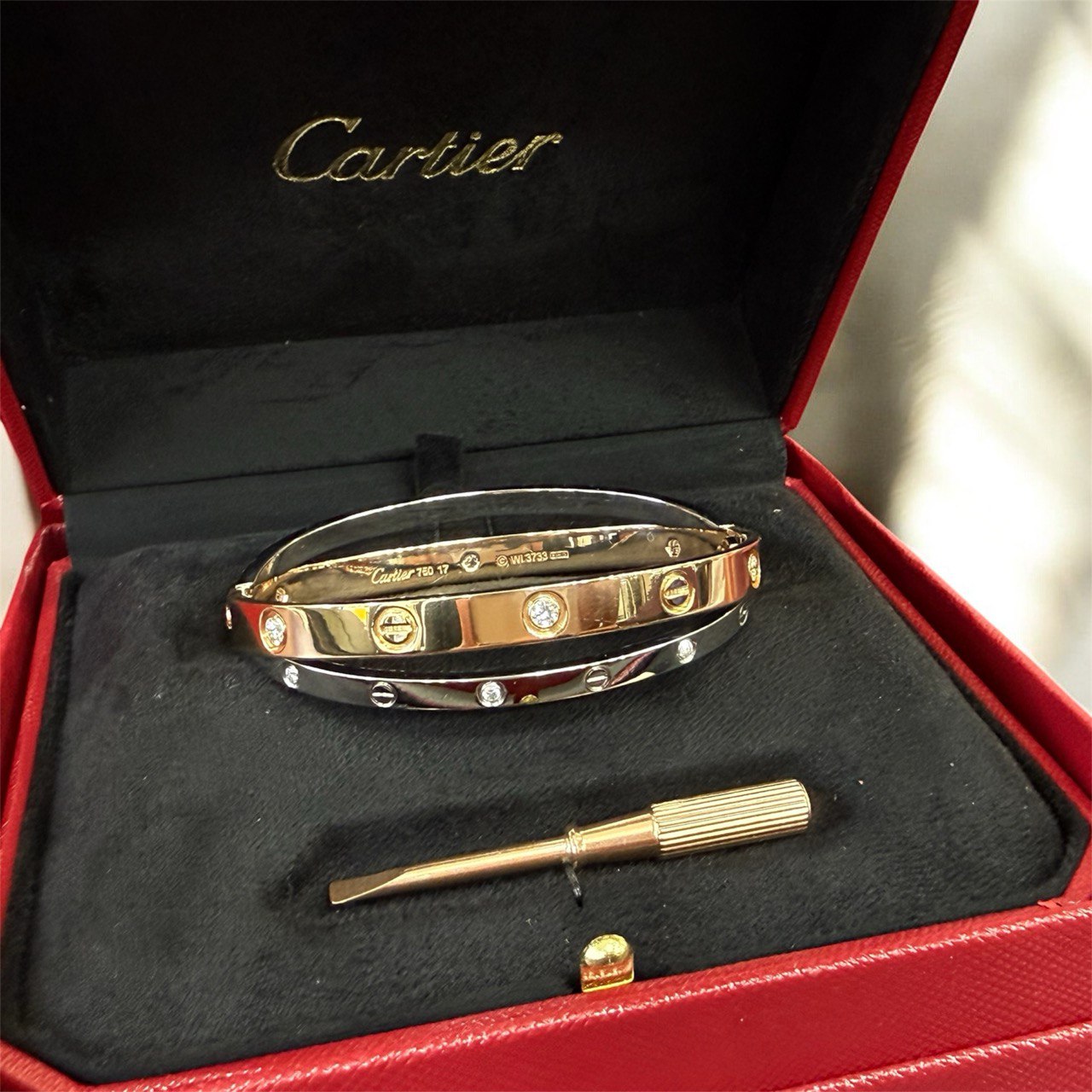 Cartier Double Love Bracelet 12 Diamonds 18k Rose White Gold Size 17