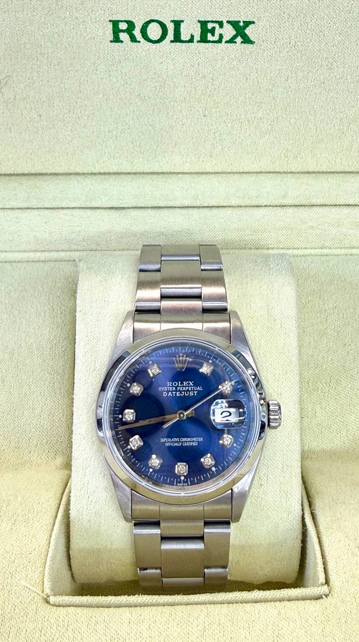 Rolex Datejust 16200 Blue Diamond Dial 36mm Steel Quickset Watch Oyster Band