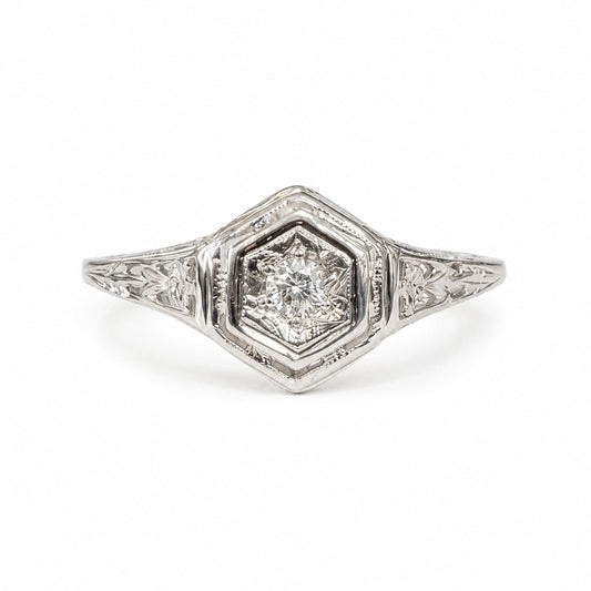 Vintage Art Deco 18K White Gold Natural Diamond Ring Size 7.5